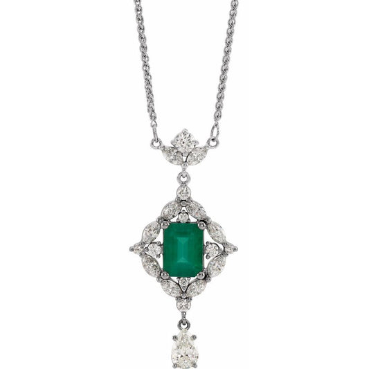14K White Gold Natural Emerald & 1 1/4 CTW Natural Diamond 18" Necklace