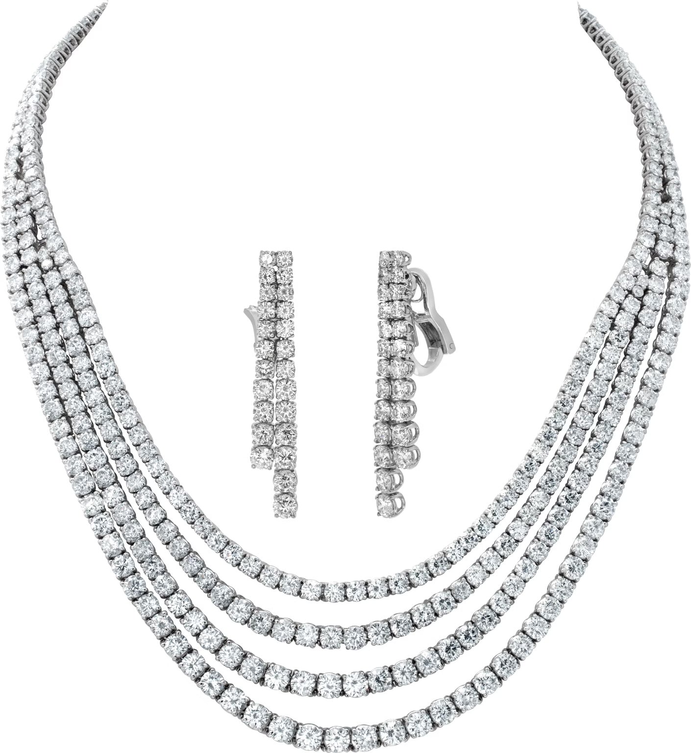 Four strand draping diamond necklace and dangling earring set in 18k white gold