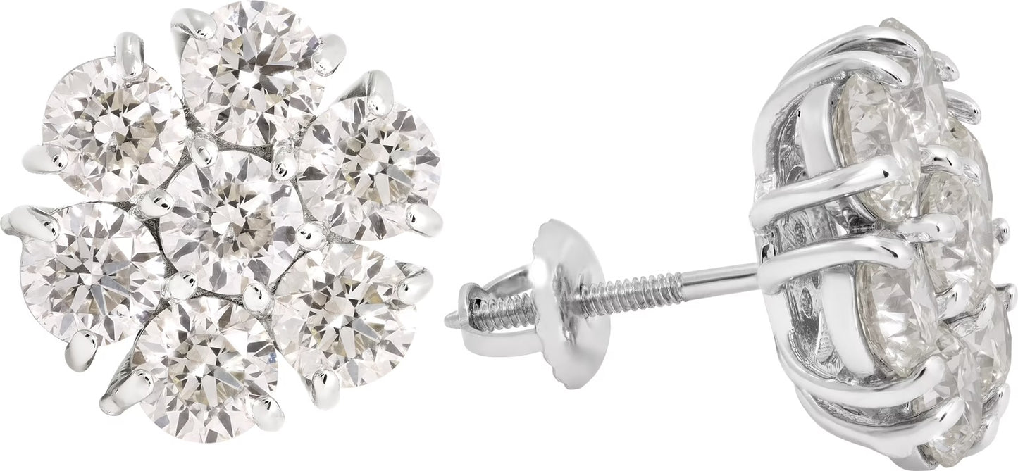 Floral Diamonds cluster earrings in 14k white gold. 5.85 carats.