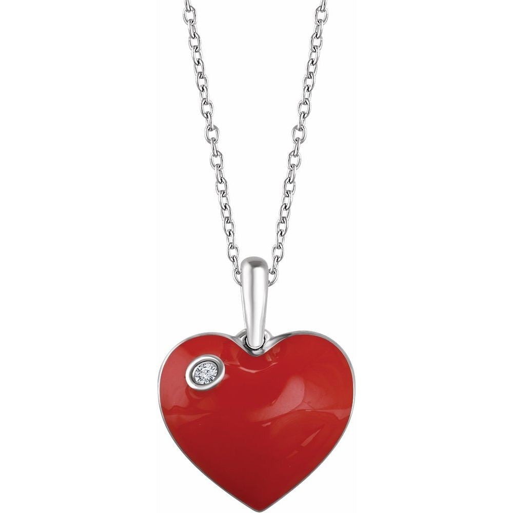Sterling Silver .02 CT Natural Diamond Red Enamel Heart 16" Necklace