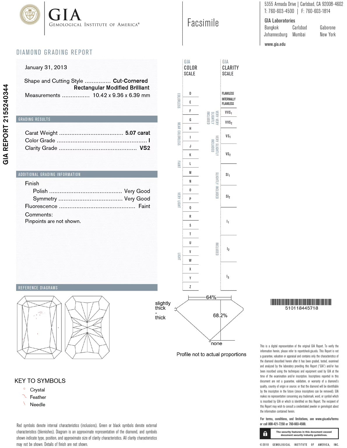 GIA certified Radiant Cut. 5.07ct. I - VS2. Platinum ring. Size 5.25