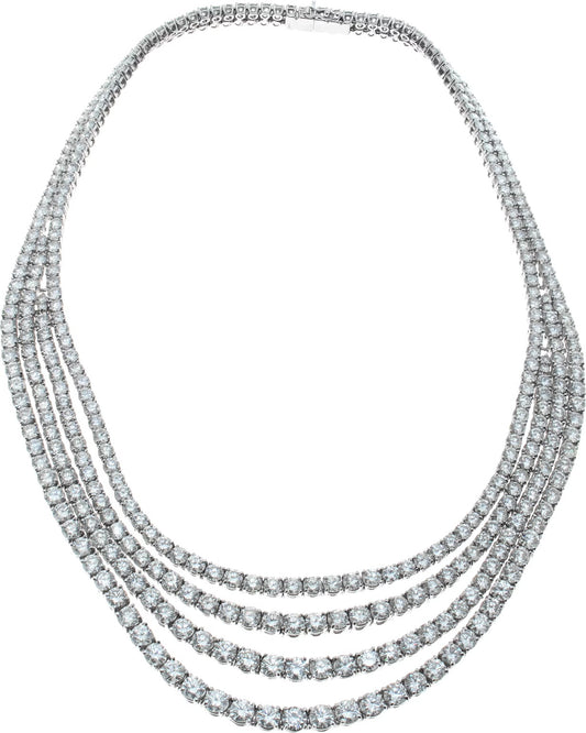Four strand draping diamond necklace and dangling earring set in 18k white gold
