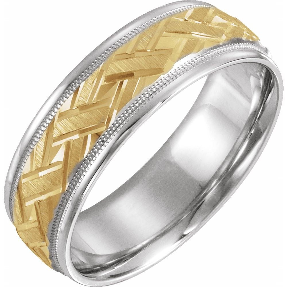 10K White/Yellow Gold 7 mm Milgrain Woven Comfort-Fit Band Size 10