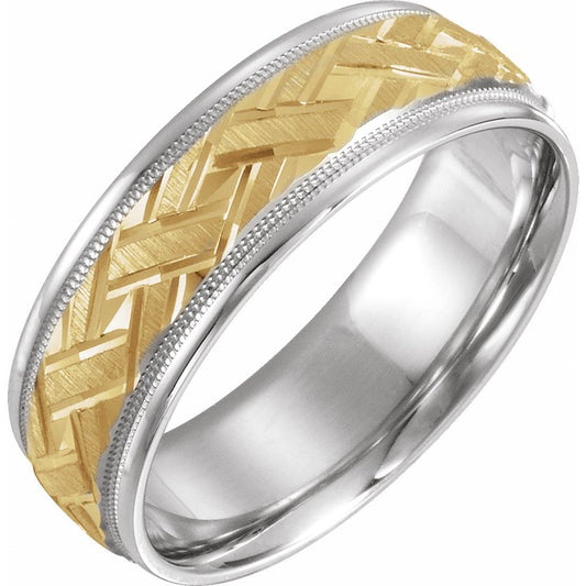10K White/Yellow Gold 7 mm Milgrain Woven Comfort-Fit Band Size 10