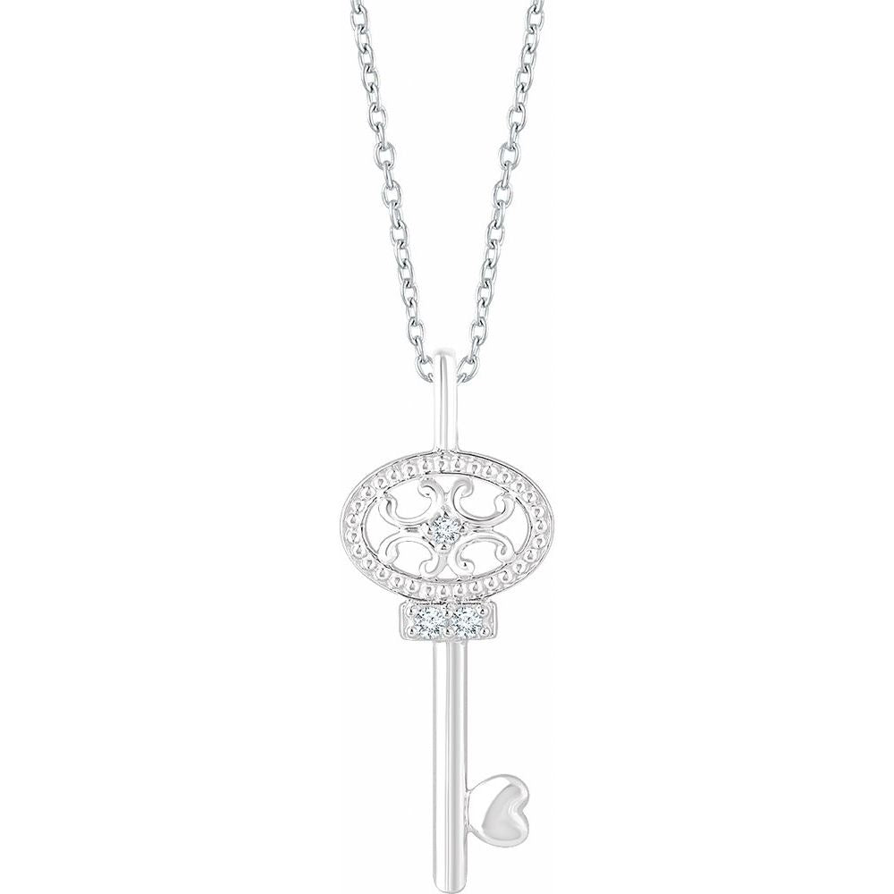 Sterling Silver .03 CTW Natural Diamond Key 16-18" Necklace