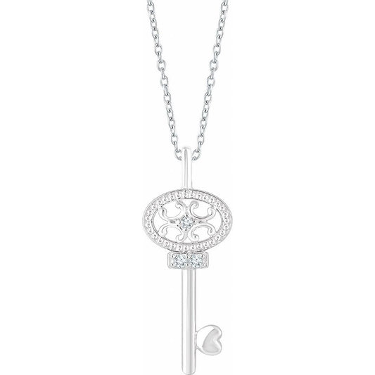 Sterling Silver .03 CTW Natural Diamond Key 16-18" Necklace