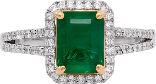 Emerald cut emerald & diamond ring in platinum & 18K yellow gold