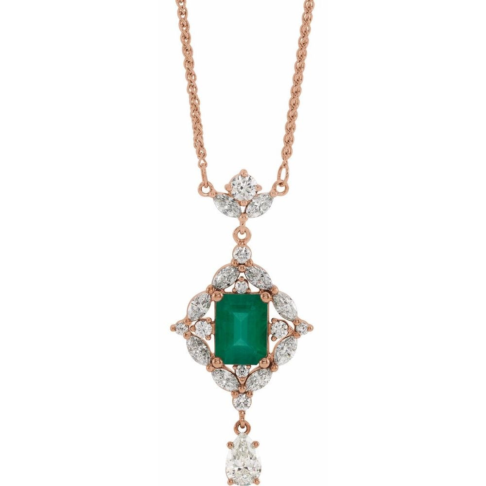 14K Rose Natural Emerald & 1 1/4 CTW Natural Diamond 18" Necklace
