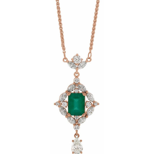 14K Rose Natural Emerald & 1 1/4 CTW Natural Diamond 18" Necklace