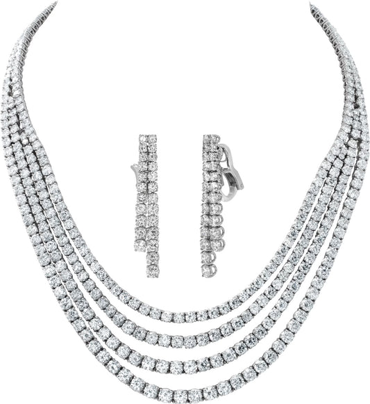 Four strand draping diamond necklace and dangling earring set in 18k white gold