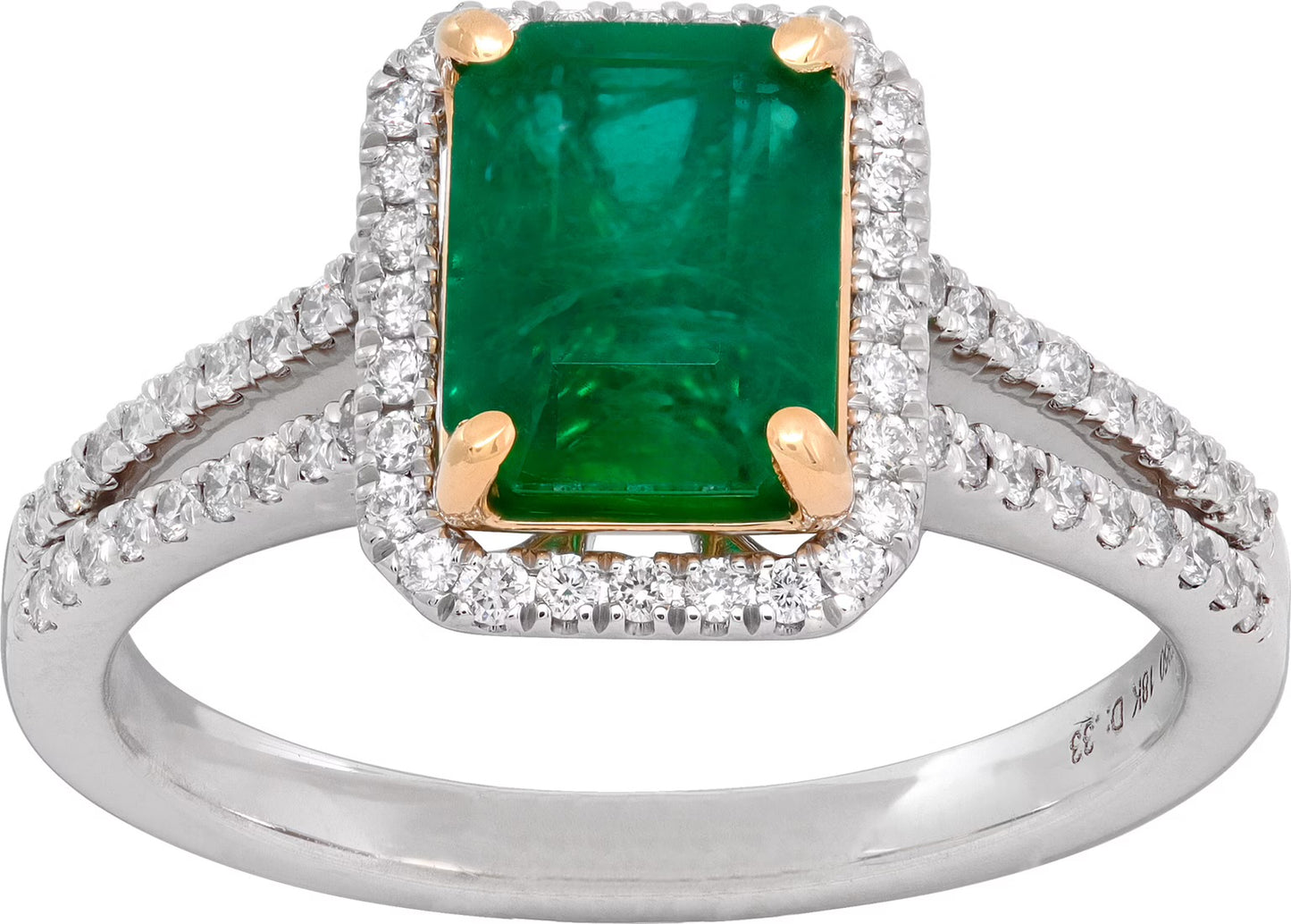 Emerald cut emerald & diamond ring in platinum & 18K yellow gold
