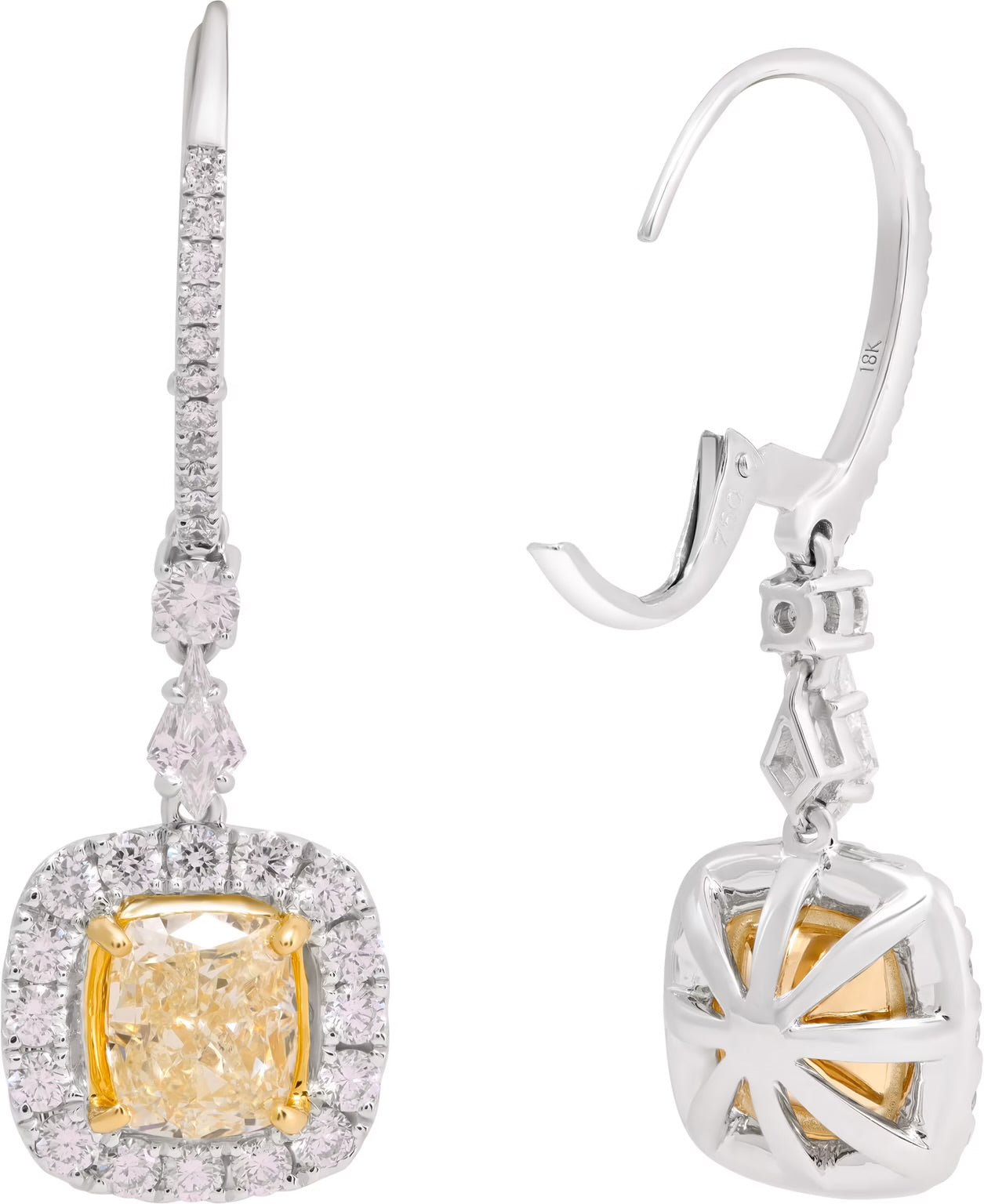 Yellow and white diamond drop earrings in 18k white gold