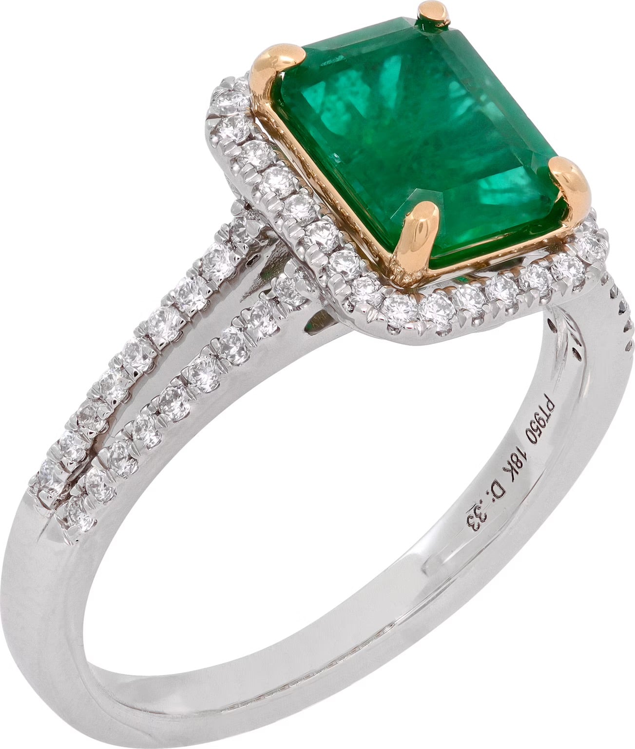 Emerald cut emerald & diamond ring in platinum & 18K yellow gold