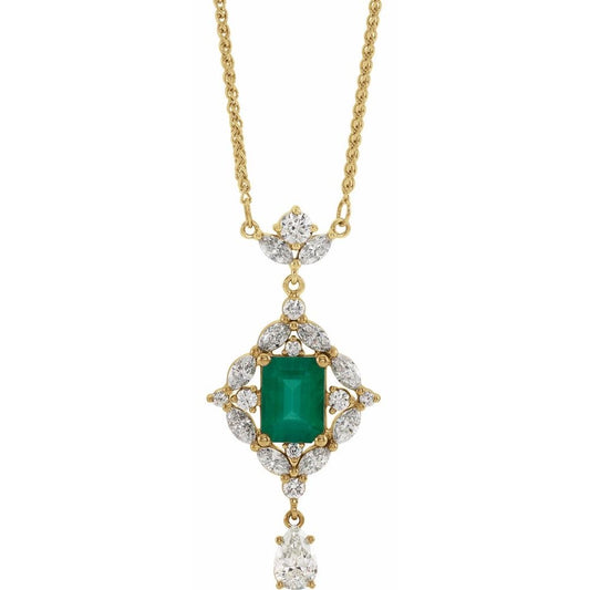 14K Gold Natural Emerald & 1 1/4 CTW Natural Diamond 16" Necklace