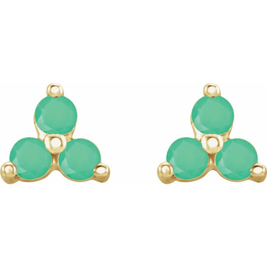 14K Gold Natural Chrysoprase Three Stone Earrings