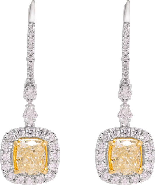 Yellow and white diamond drop earrings in 18k white gold