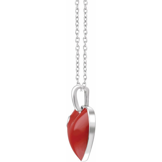 Sterling Silver .02 CT Natural Diamond Red Enamel Heart 16" Necklace