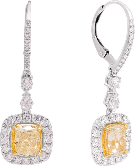 Yellow and white diamond drop earrings in 18k white gold