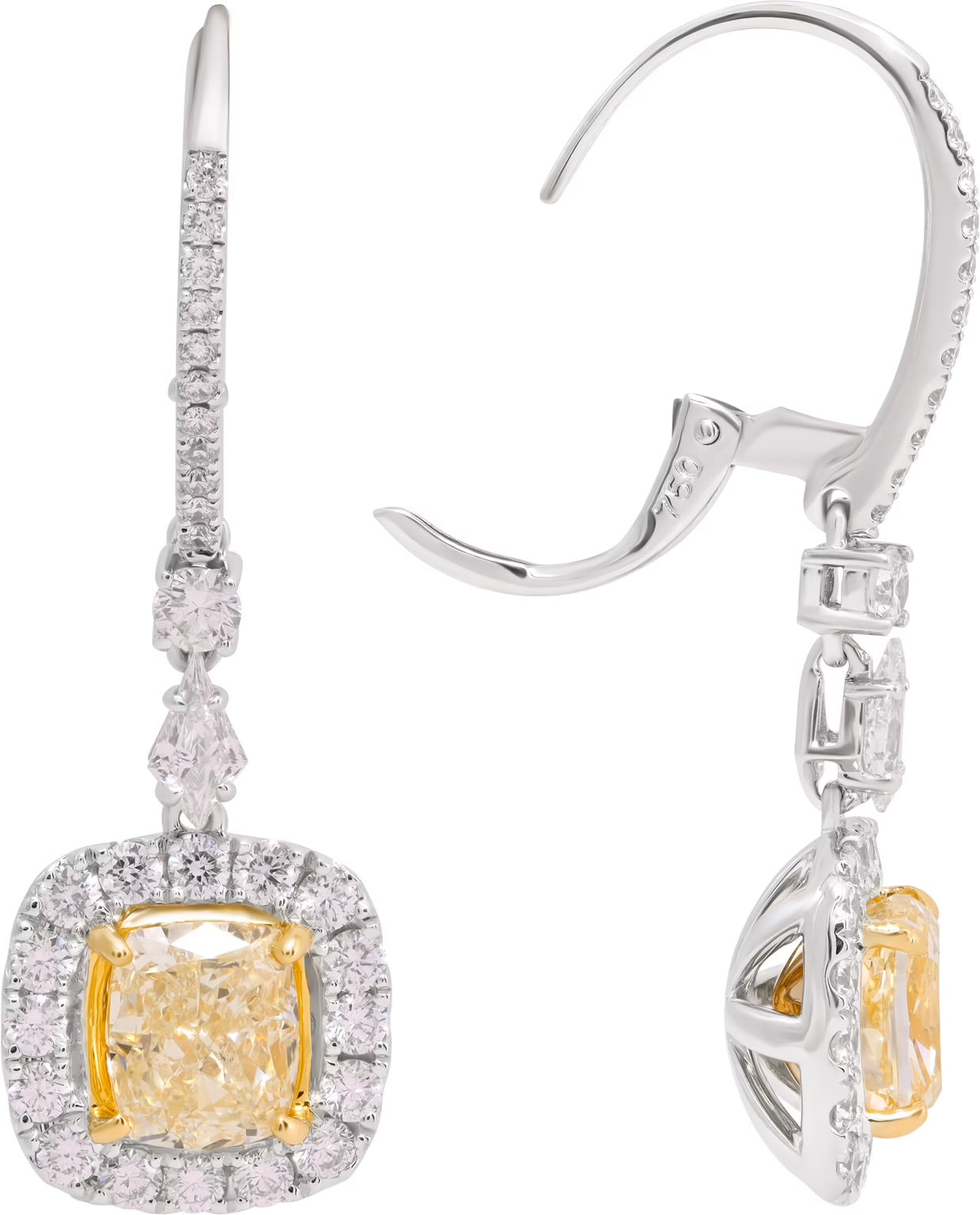 Yellow and white diamond drop earrings in 18k white gold
