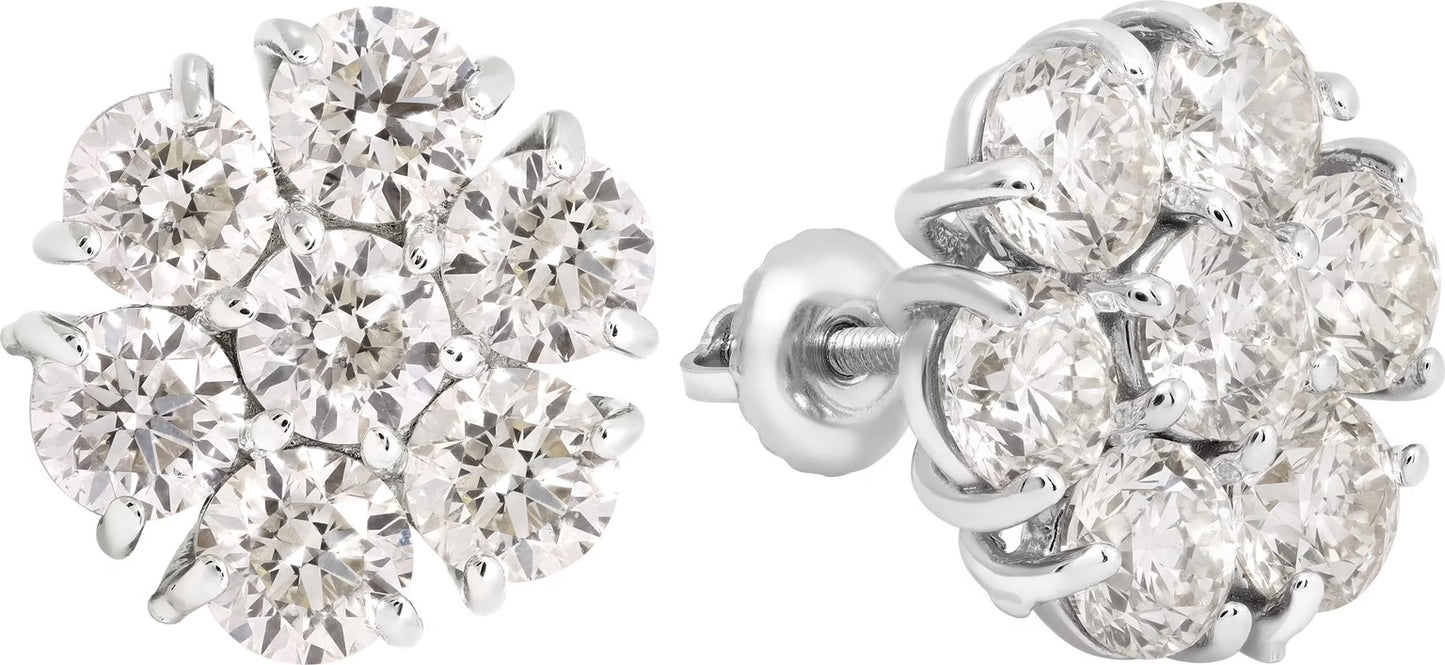 Floral Diamonds cluster earrings in 14k white gold. 5.85 carats.