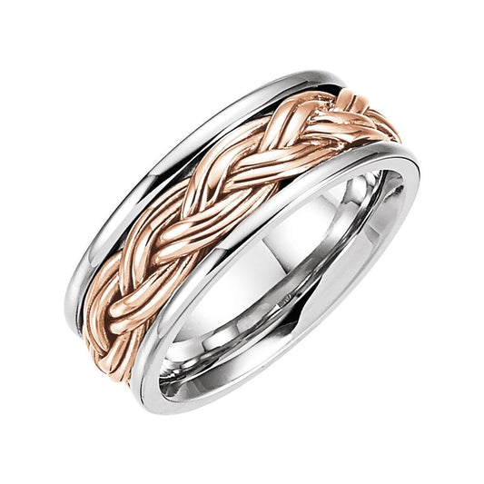 14K White/Rose 8 mm Hand-Woven Flat Comfort-Fit Band Size 10