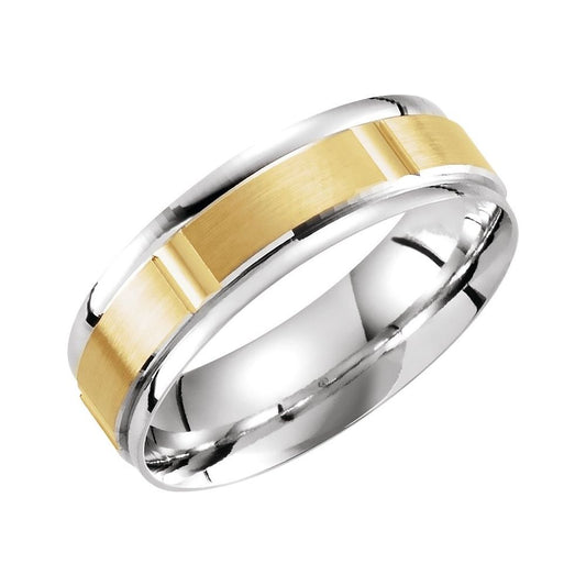 14K White/Yellow/White 6 mm Stepped-Edge Grooved Comfort-Fit Flat Band Size 10