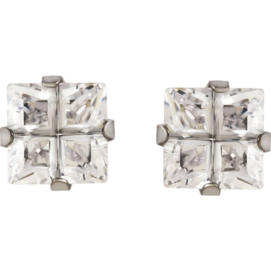 Stainless Steel 3.5 mm Square Imitation White Cubic Zirconia Piercing Stud Earrings
