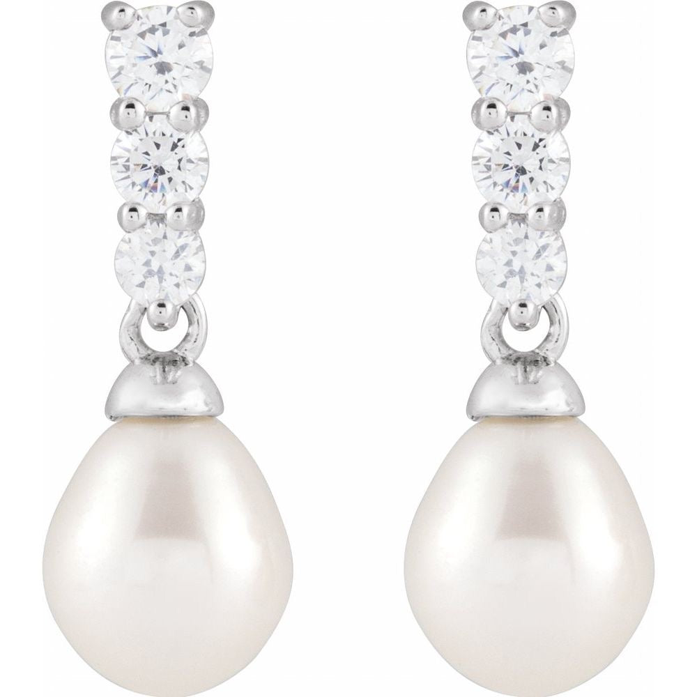 Rhodium-Plated Sterling Silver Cultured White Freshwater Pearl & Imitation White Cubic Zirconia Earrings
