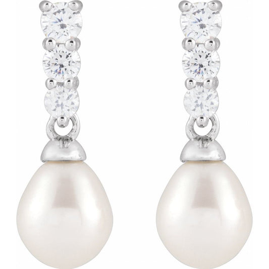 Rhodium-Plated Sterling Silver Cultured White Freshwater Pearl & Imitation White Cubic Zirconia Earrings
