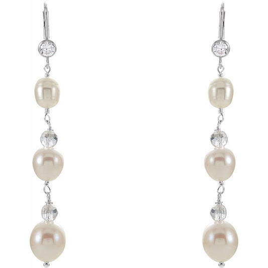 Sterling Silver Cultured White Freshwater Pearl & Imitation Cubic Zirconia Earrings